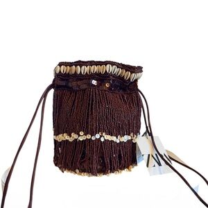 ZARA Boho Beaded Shell Fringe Drawstring MINI Bucket Bag Brown Sequin NWT